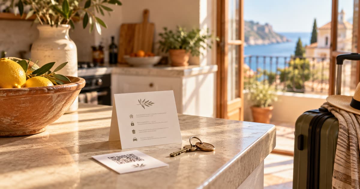 A printed checkout card with keys and a QR code resting on a kitchen counter in a bright Mediterranean-style apartment, a packed suitcase waiting by the window