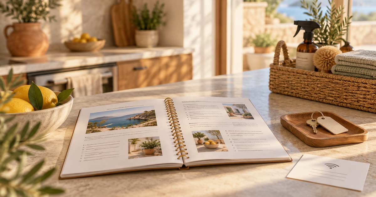 A printed Airbnb house manual open on a kitchen counter next to a spare key and a WiFi card, with a cleaning caddy visible in the background