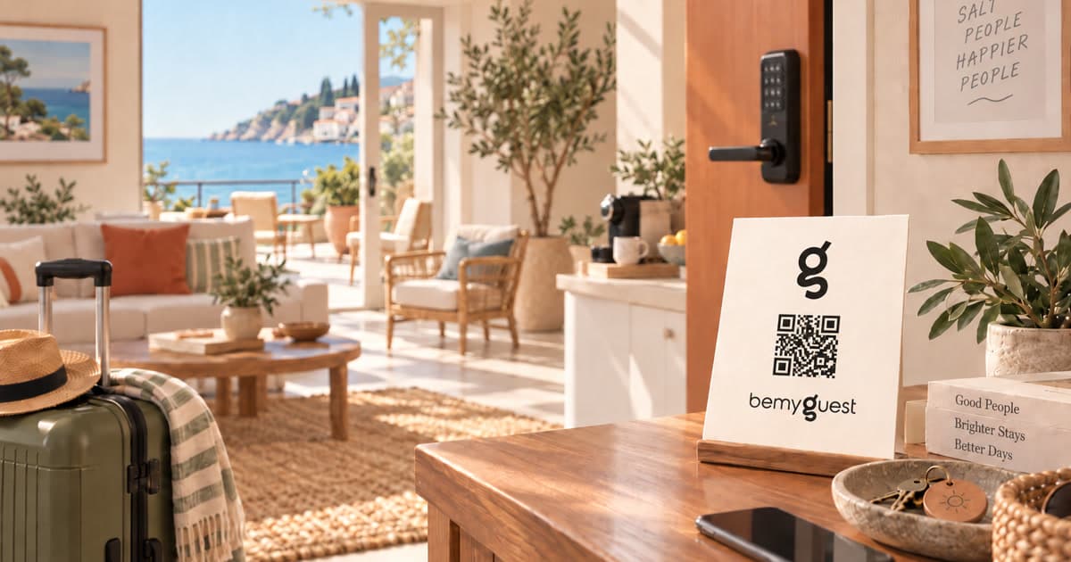 A bemyguest welcome card with a QR code on an entry table next to luggage, keys and a smart lock, in a bright Mediterranean-style apartment