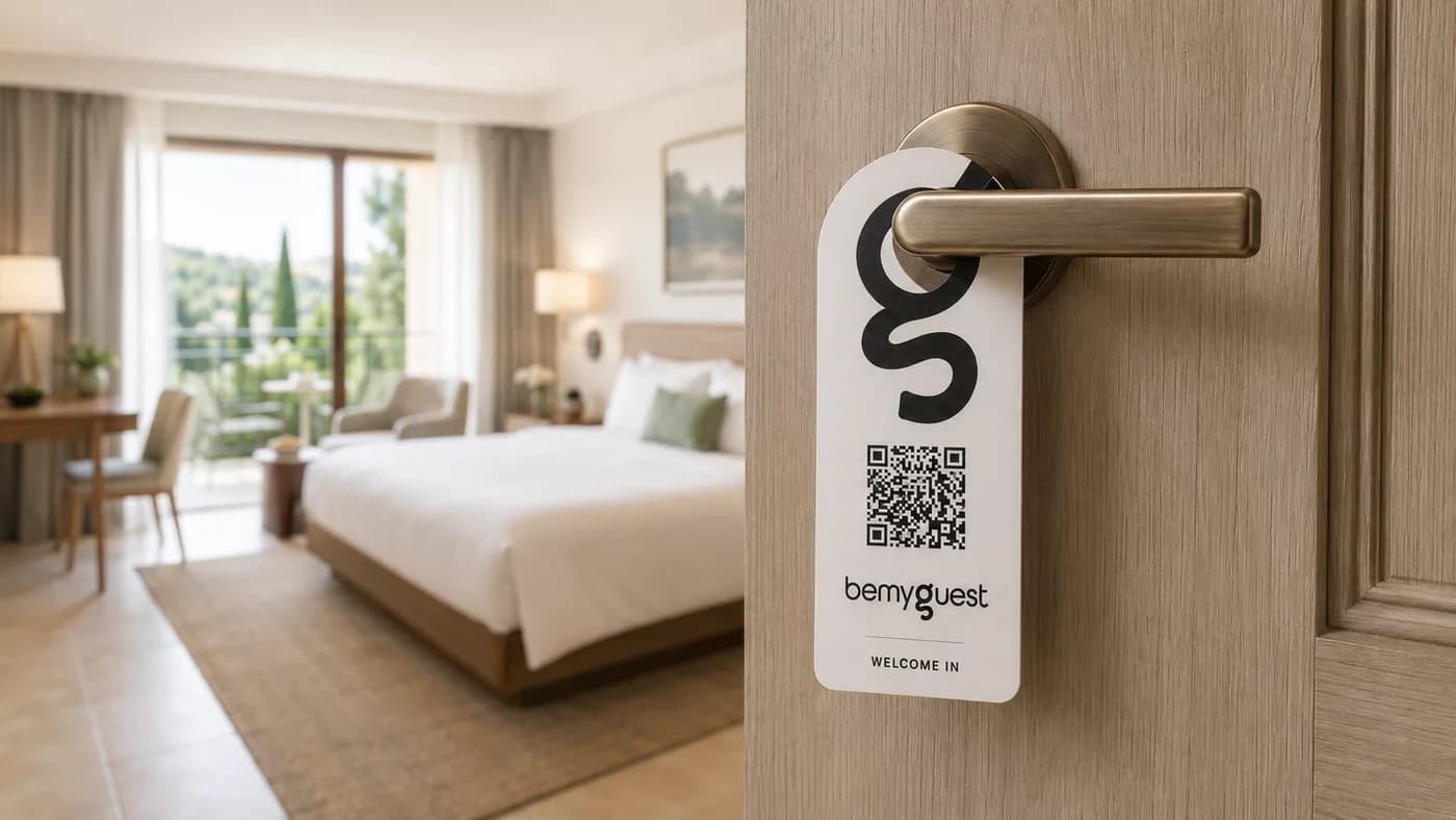 bemyguest door hanger with a QR code on a hotel room door