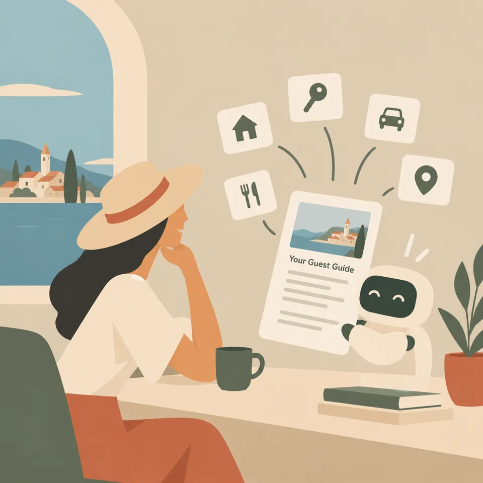 A host reviews a guest guide drafted by an AI assistant, covering the house, entry code, parking and nearby restaurants