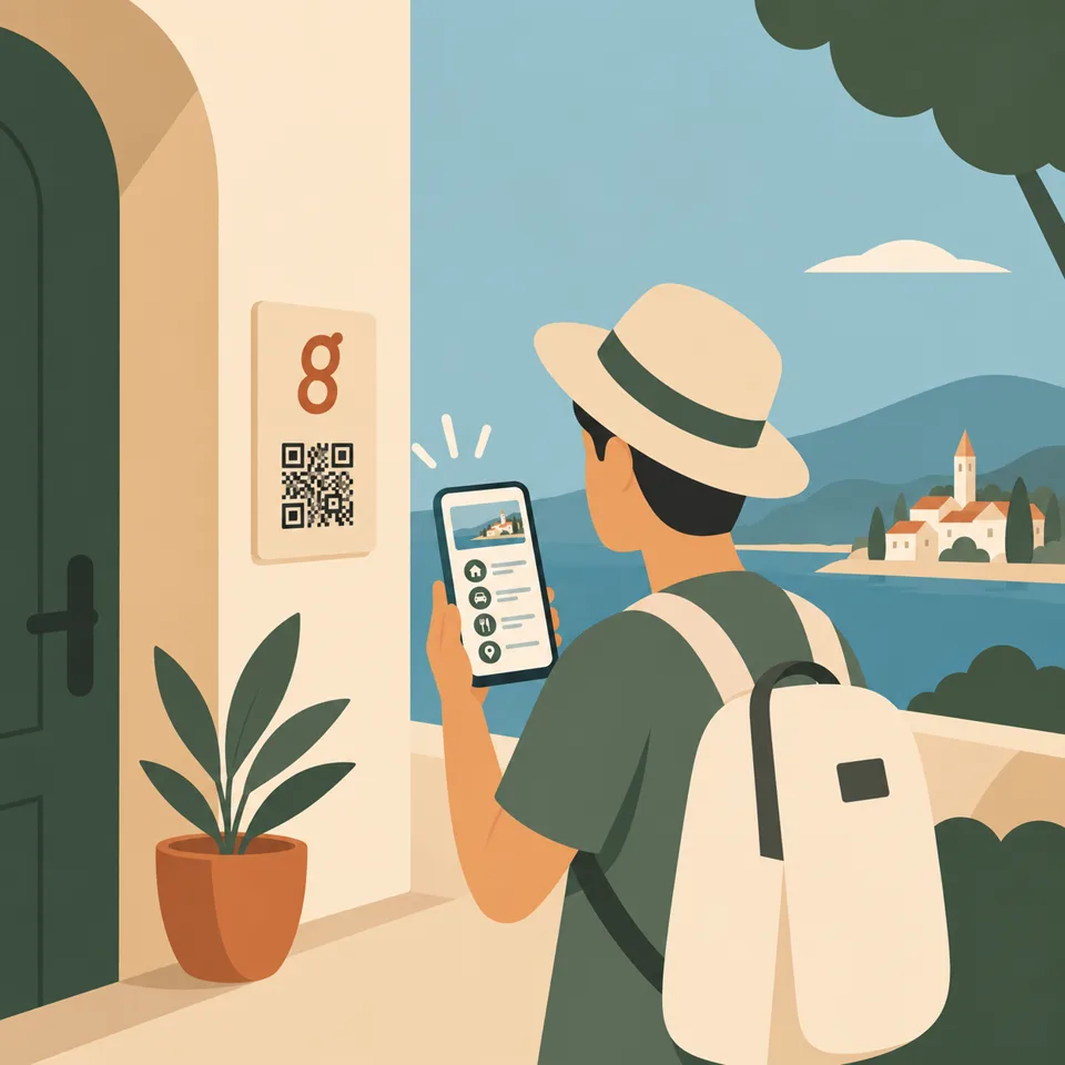 A guest scans the QR code on a door hanger to open their personal digital guidebook